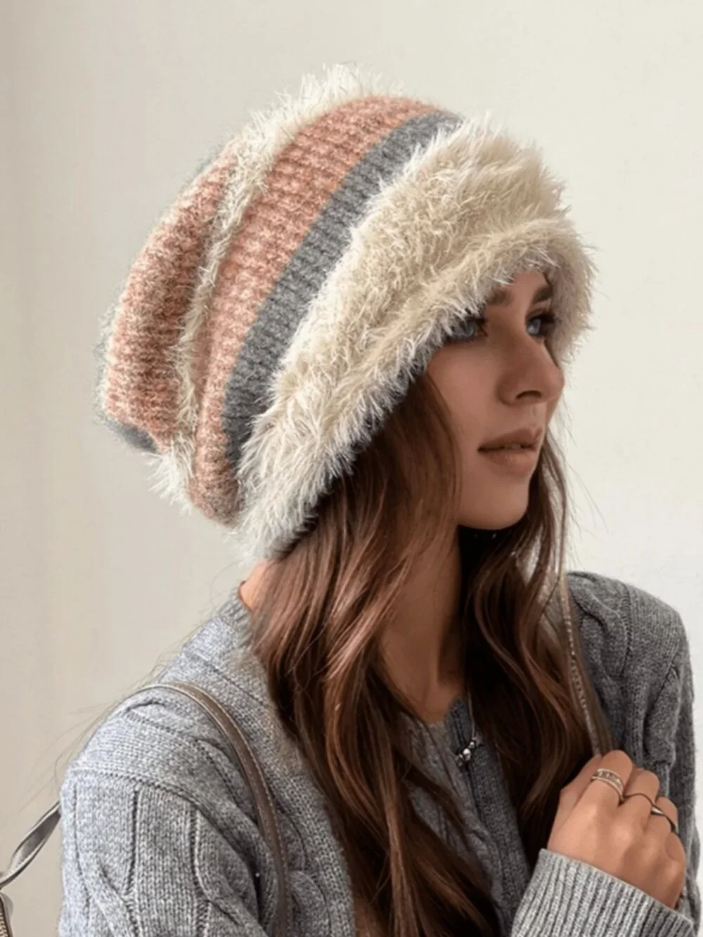 Multicolor Women's Fleece Lined Elastic Loose Fit Thick Knit Hat